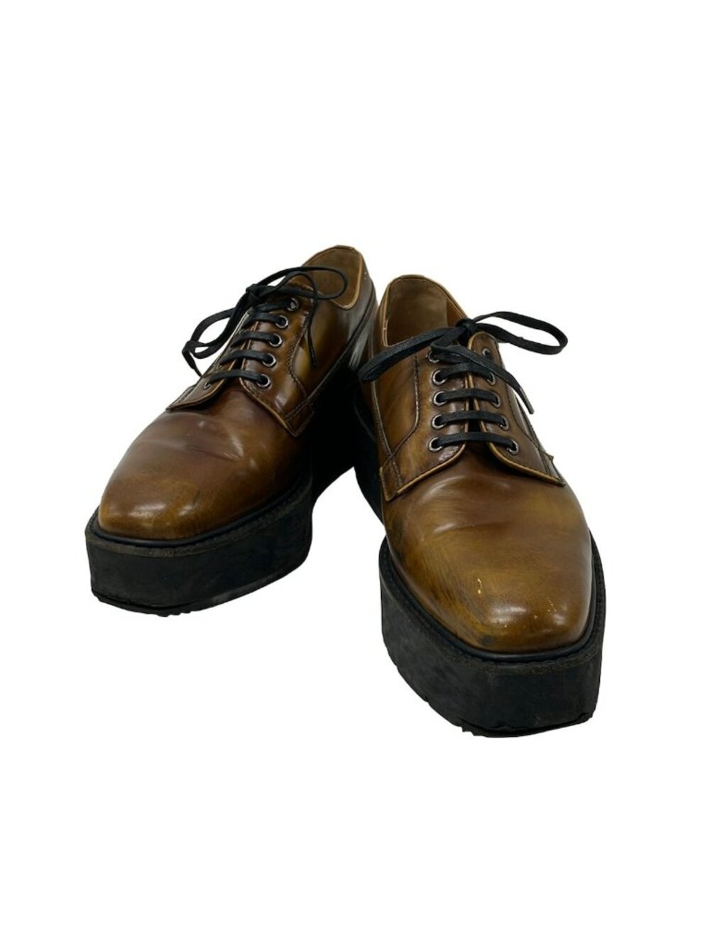 Prada Loafers 37 Ready Sue Brown Black Thick Bottom Lace Sew Up Leather - Picture 2 of 9